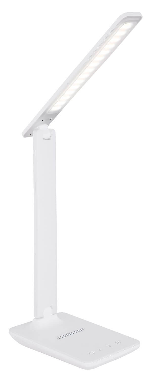 Lampe à poser blanche de profil, bras fin et tête inclinée vers le haut