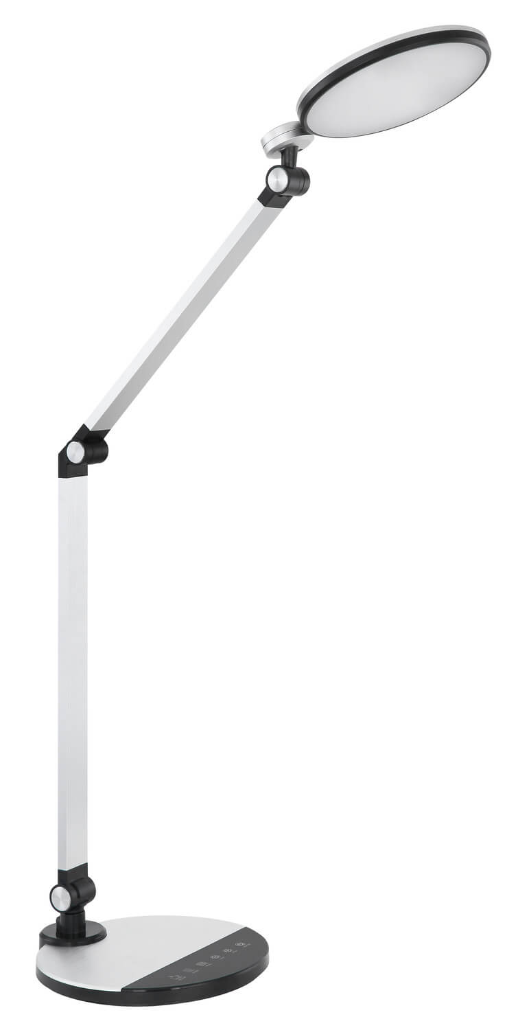 Détail du luminaire à poser, tête ronde et bras articulé, éteint sur fond blanc.