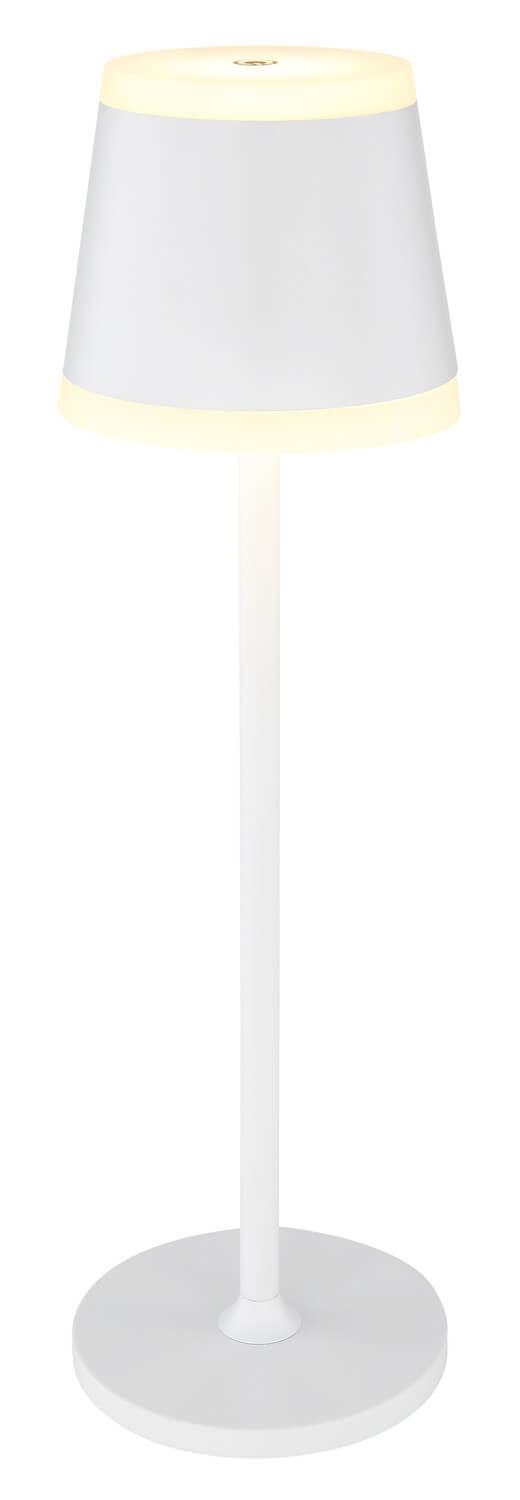 Vue de face rapprochée de la lampe blanche, tige fine et base circulaire