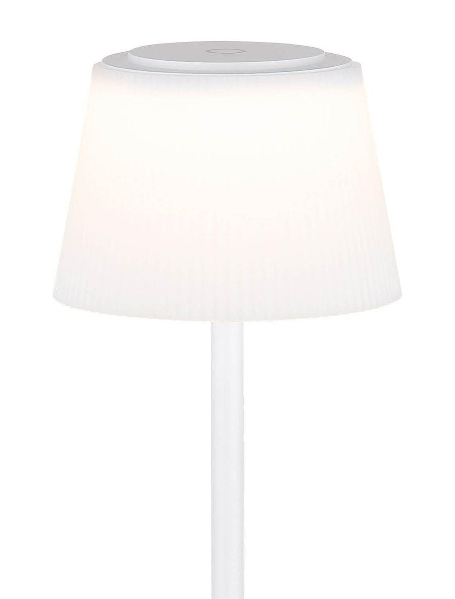 Gros plan sur l'abat-jour conique blanc et le sommet du luminaire