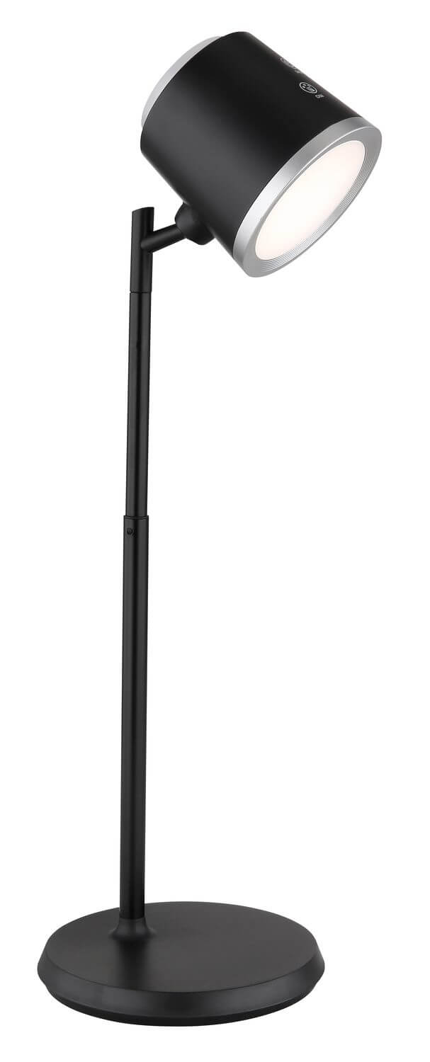 Vue de profil du luminaire sur son socle rond, tige fine noire