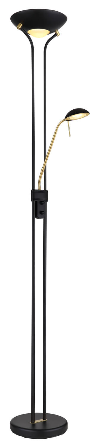 Vue de face du lampadaire noir à double tige et bras doré