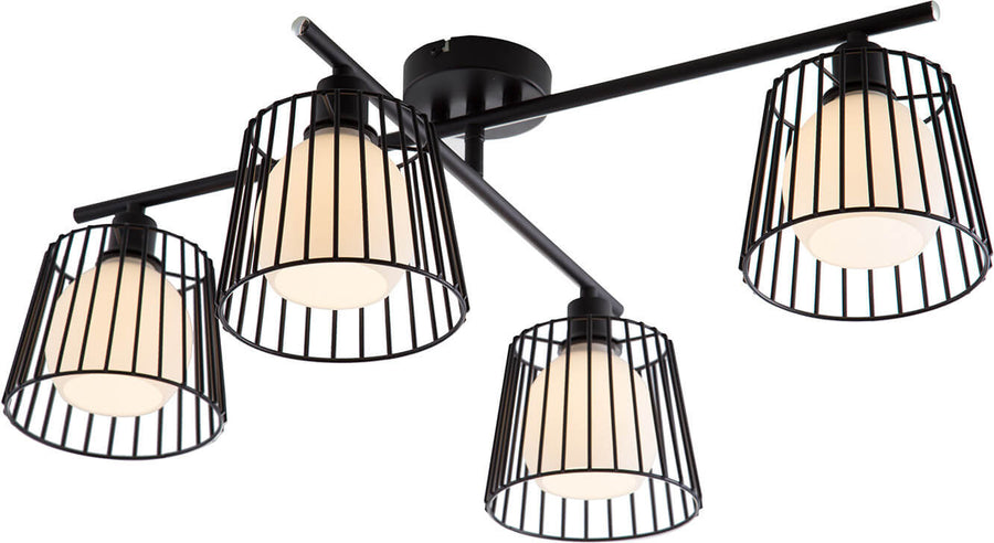 Détail rapproché des diffuseurs opalins et des grilles métalliques noires fixées aux bras