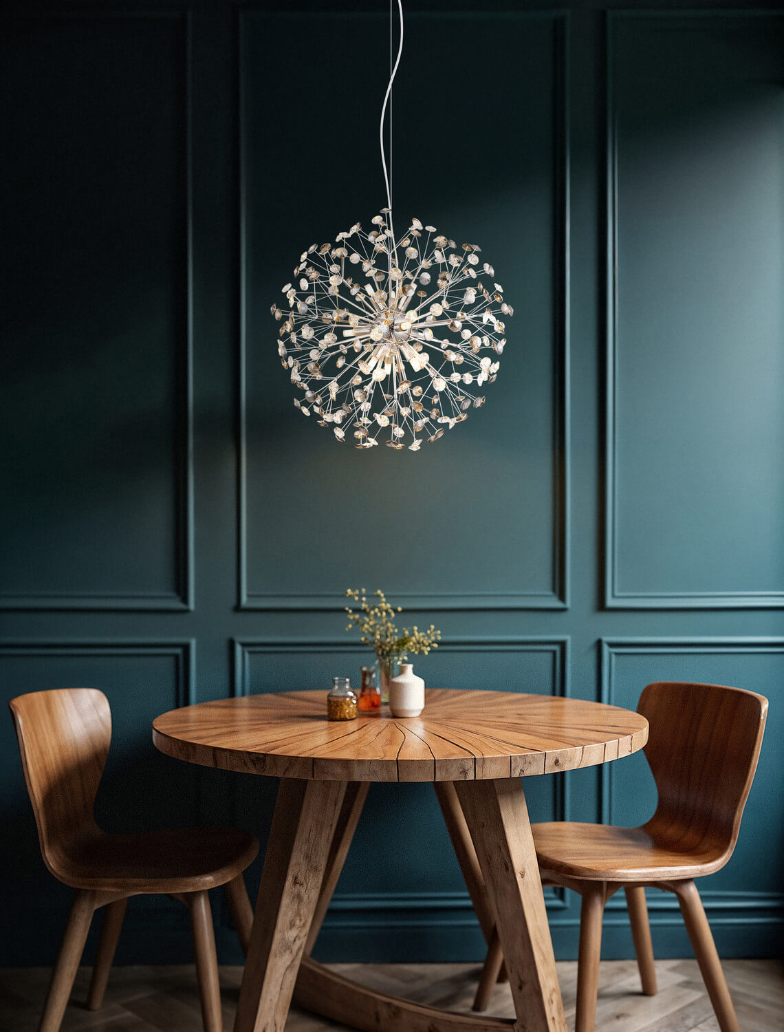 Luminaire en situation au-dessus d'une table ronde devant un mur bleu nuit mouluré