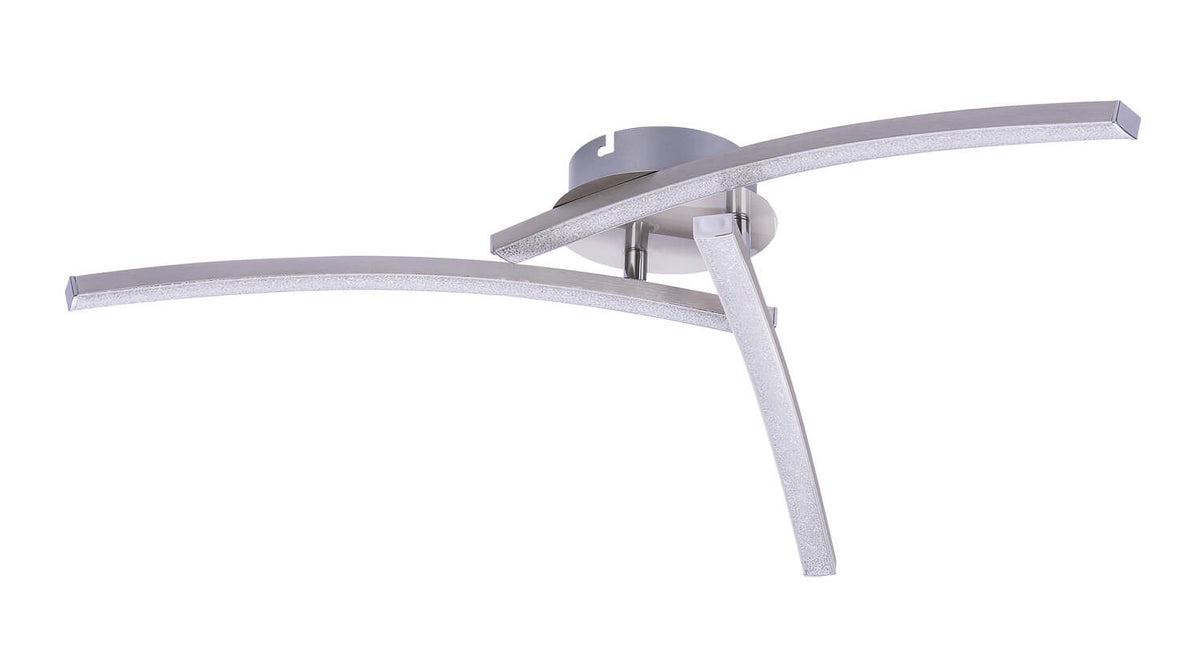 Détail rapproché des bras LED texturés et du raccord central en finition nickel.