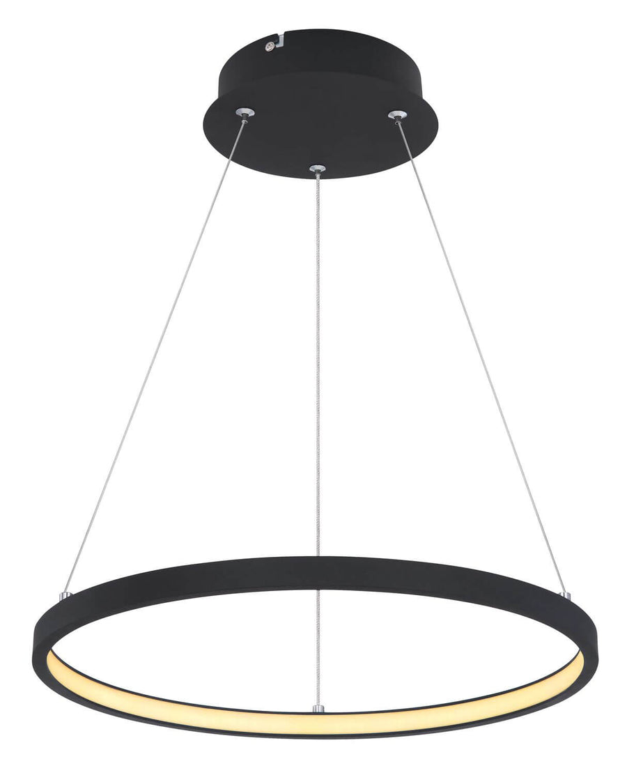 Suspension anneau noir mat tenue par trois câbles, vue de trois quarts sur fond blanc