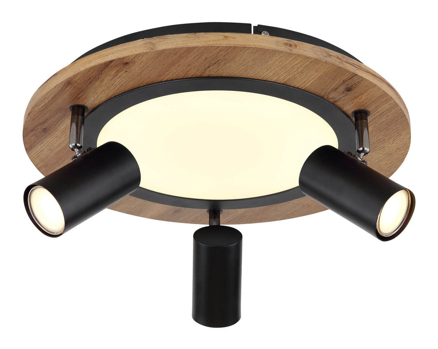 Plafonnier rond vu de face, anneau en bois clair et spots noirs orientables