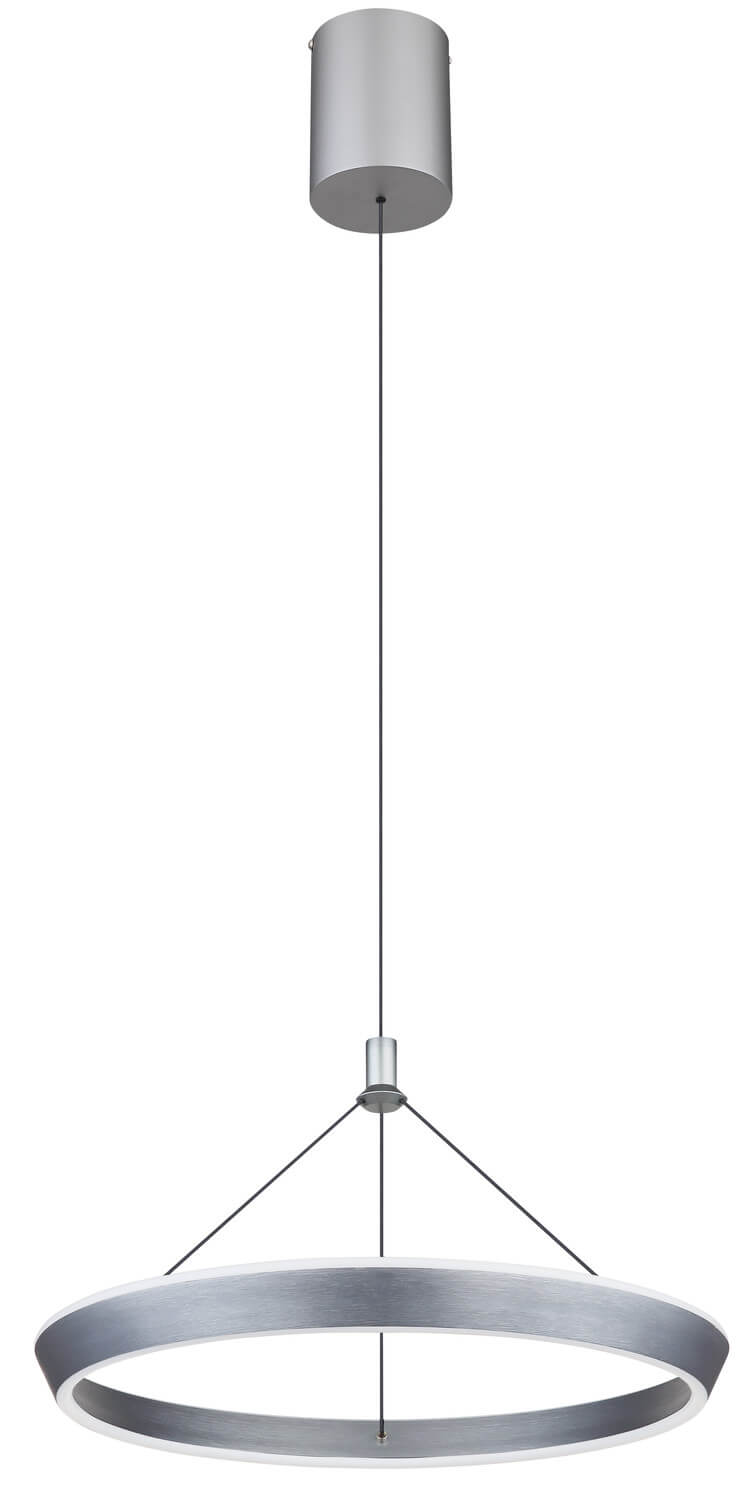 Vue de trois quarts du luminaire, anneau gris brossé légèrement éclairé