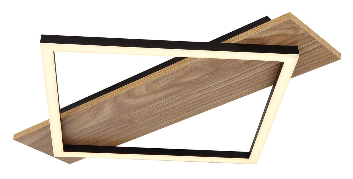 Détail du cadre noir mat et de la surface en bois, lumière LED allumée.