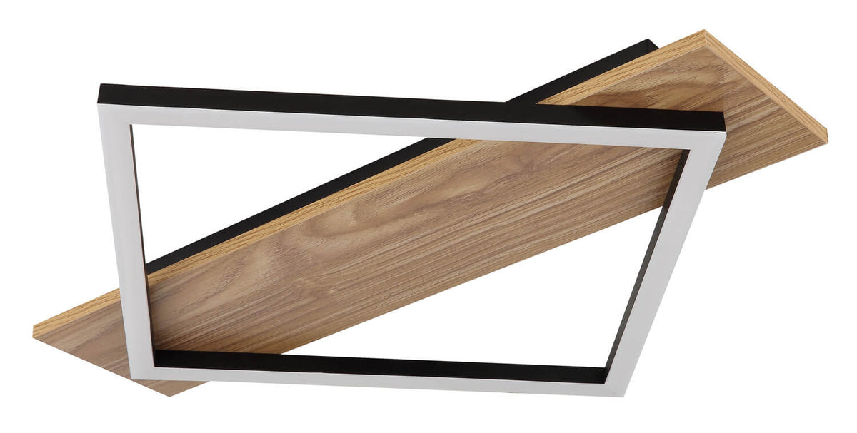 Vue alternative du luminaire, cadre noir et intérieur blanc, panneau bois apparent.