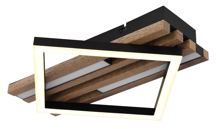 Détail de la platine de fixation noire et des traverses en bois superposées