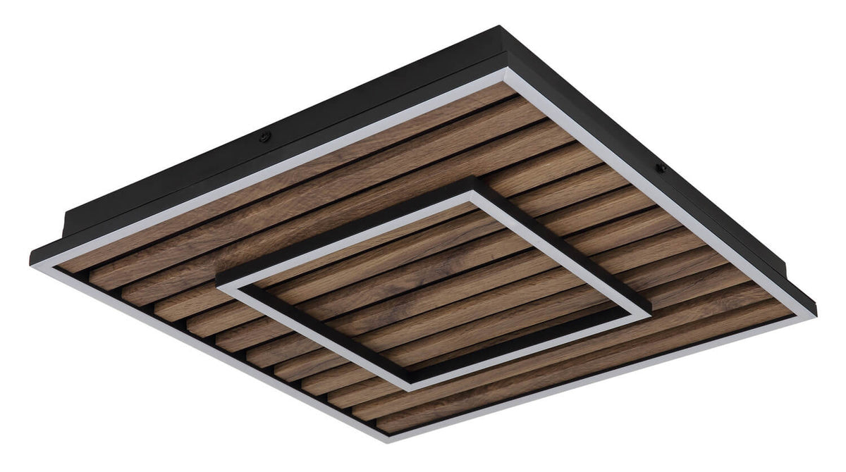 Détail du carré central souligné d'un liseré lumineux blanc sur bois