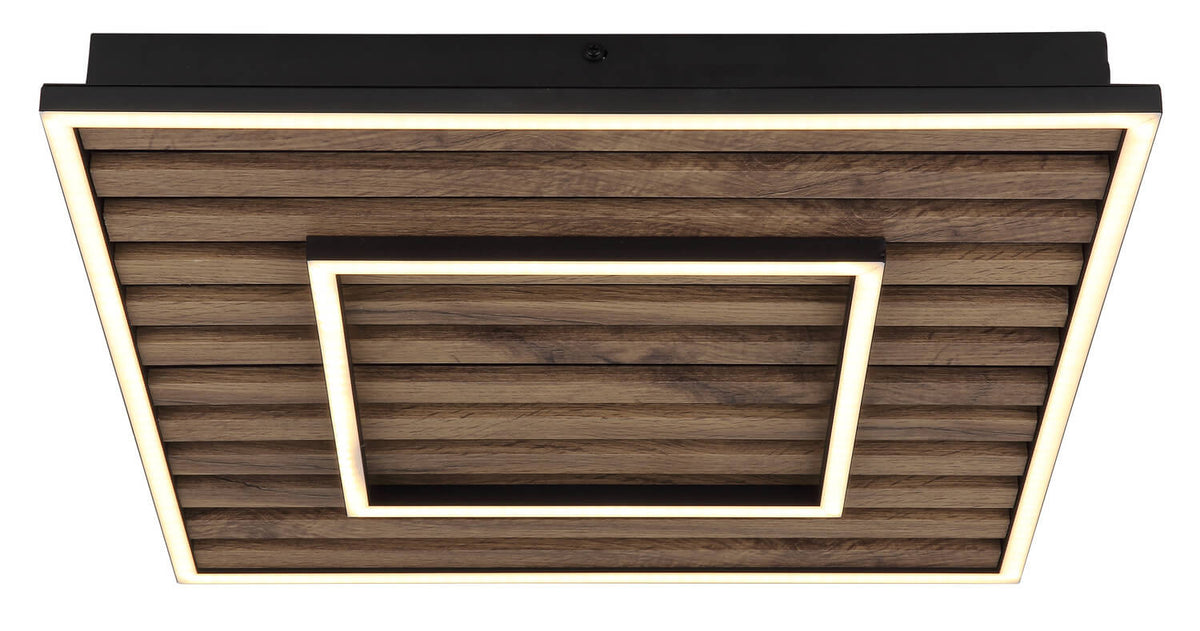 Vue de face du plafonnier carré, double carré LED allumé sur lames foncées