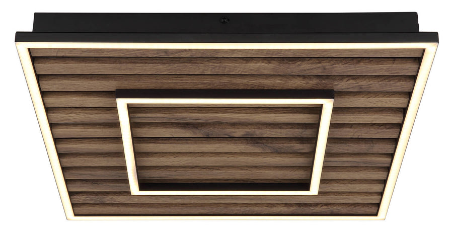 Vue de face du plafonnier carré, double carré LED allumé sur lames foncées