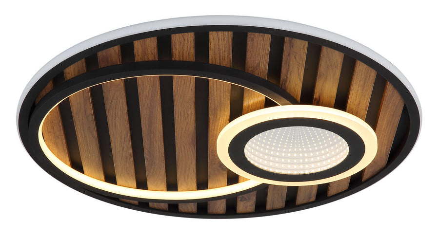 Détail de l'anneau lumineux LED chaud et des lamelles de bois verticales