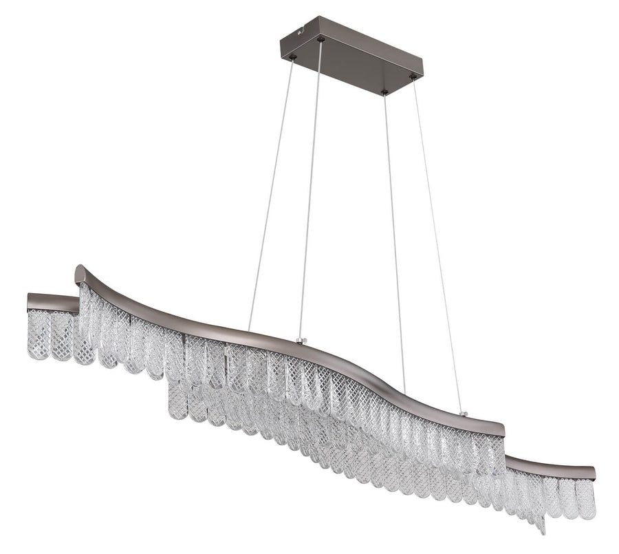 Vue détaillée du luminaire éteint, franges transparentes et structure anthracite.