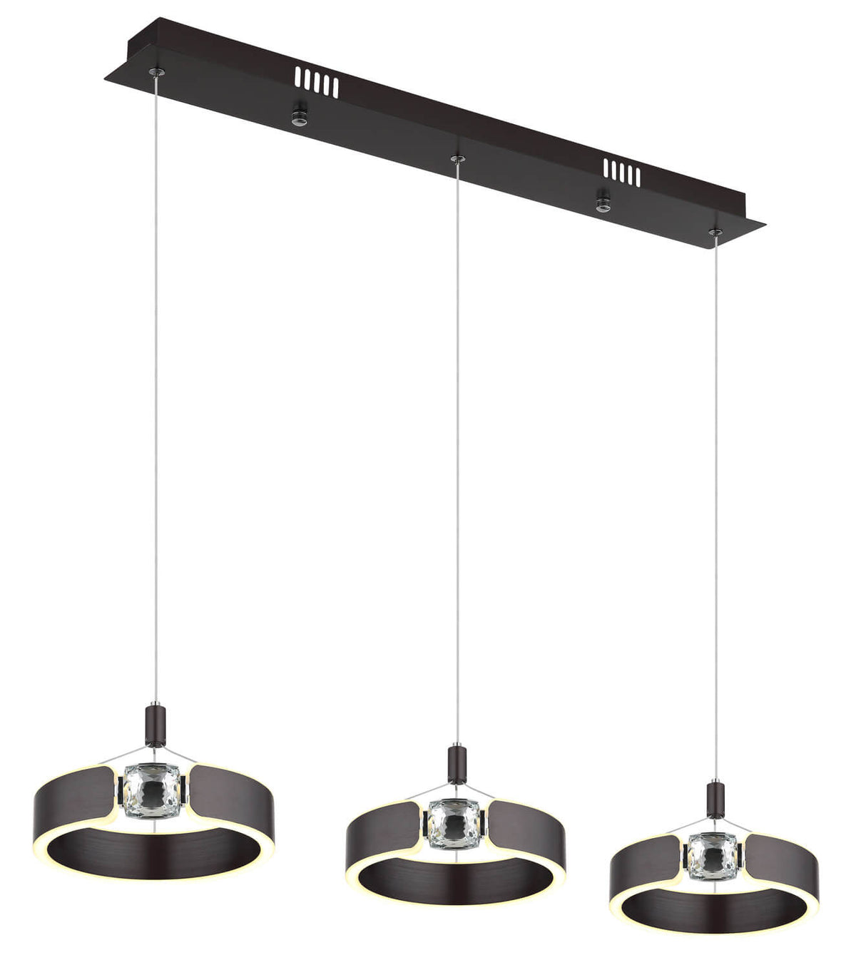 Suspension trois anneaux bronze et verre, vue de face sur fond blanc