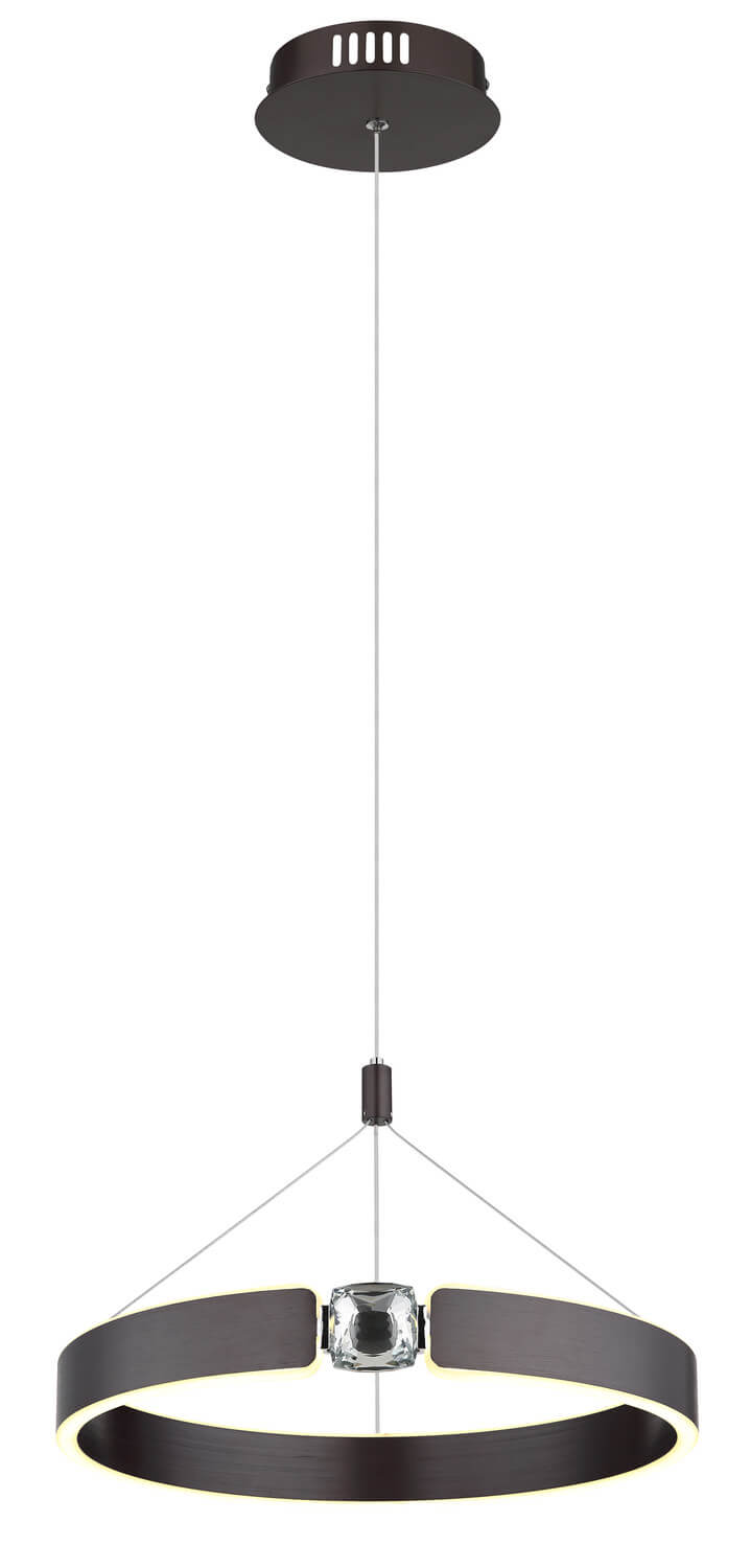 Vue en pied du luminaire suspendu, câble fin et anneau éclairé