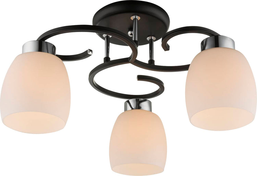 Gros plan sur les bras courbés noirs et les douilles chromées du luminaire