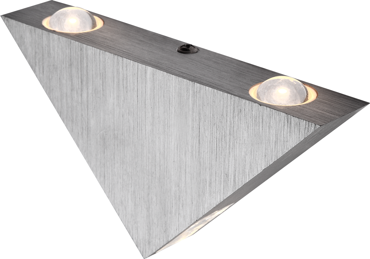 Vue rapprochée du boîtier triangulaire en aluminium avec deux verres bombés.