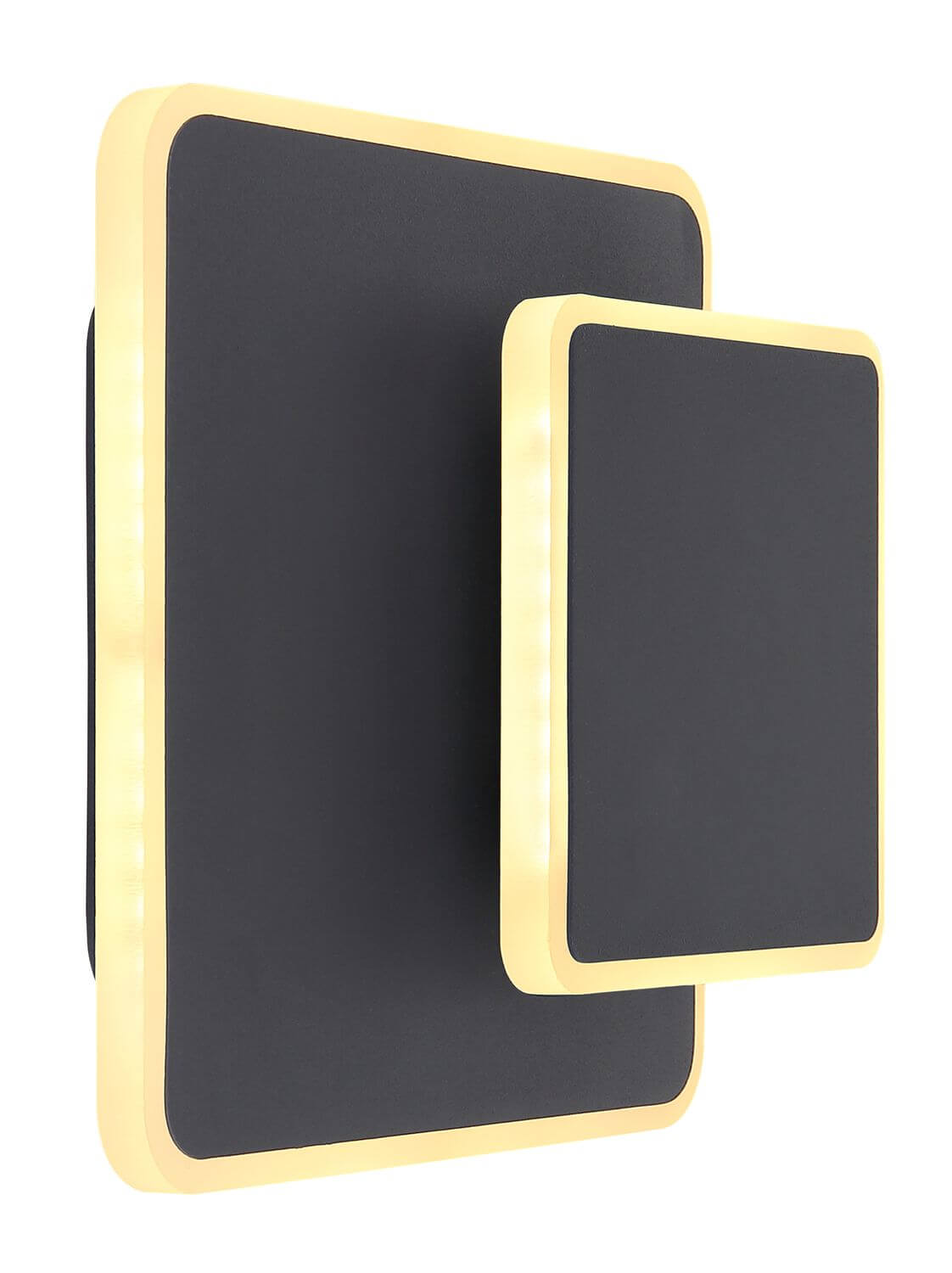 Détail du design en deux panneaux rectangulaires superposés, contour doré et face noire.