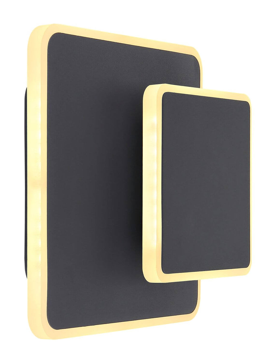 Détail du design en deux panneaux rectangulaires superposés, contour doré et face noire.