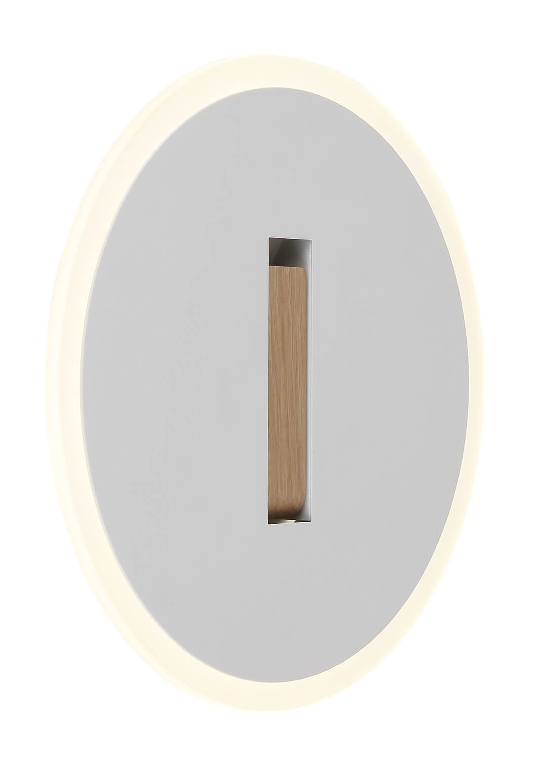 Vue rapprochée de l'applique ovale blanche et de son chevillon en bois clair