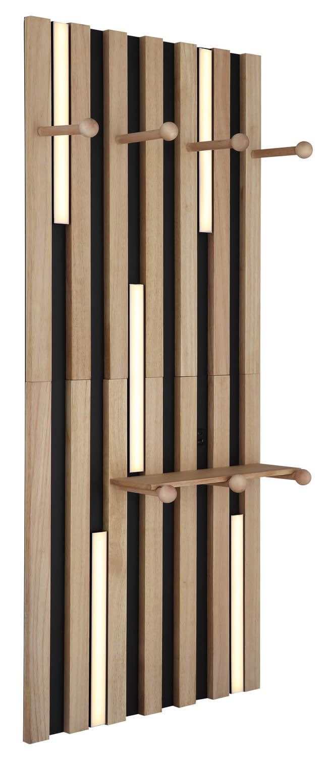 Produit de face légèrement incliné, montrant les bandes lumineuses et les patères en bois