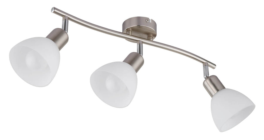 Produit présenté de trois quarts, verres blancs éteints et structure métallique nickel.