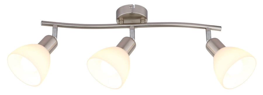 Vue de face du luminaire allumé, barre cintrée et trois spots orientés vers le bas.