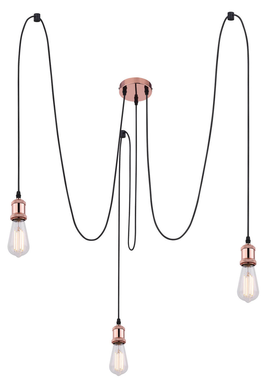 Vue de face du luminaire suspendu avec trois points lumineux et câbles noirs