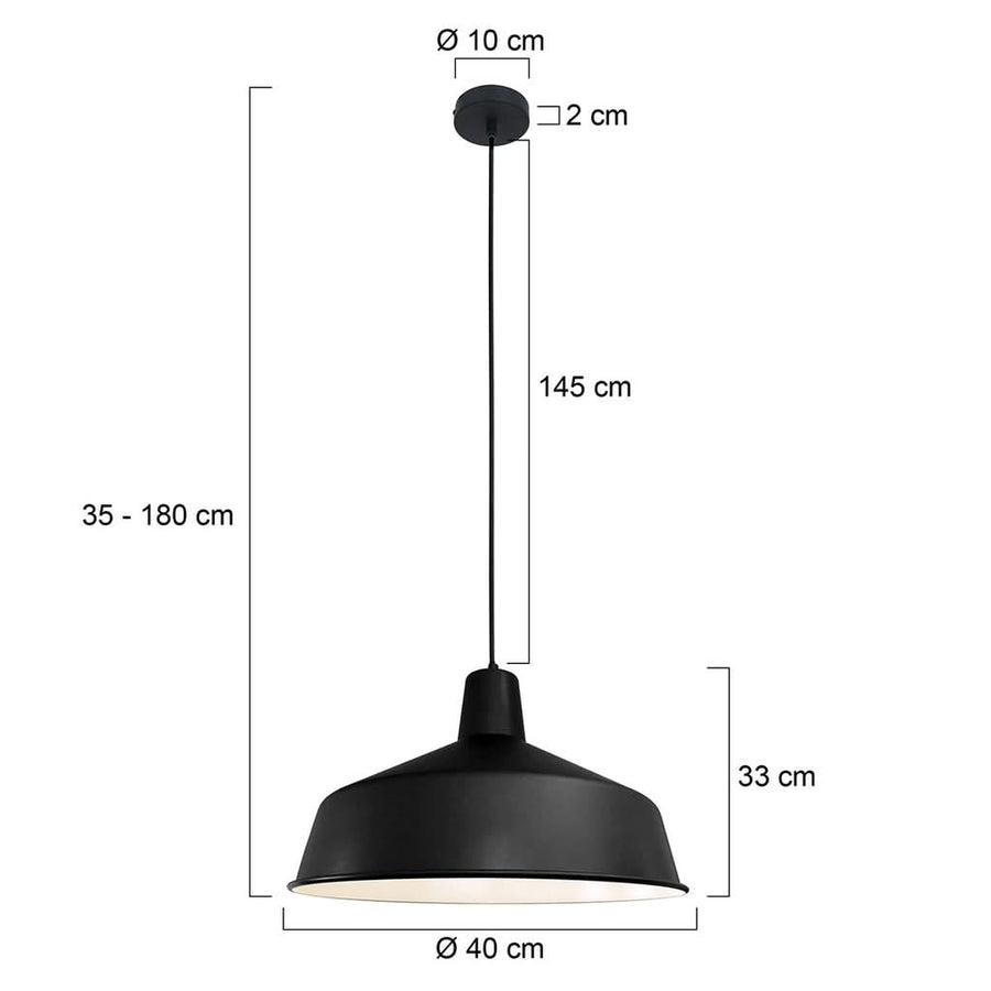 Schéma des cotes : abat-jour Ø40 cm, hauteur 33 cm, cordon 35-180 cm | Designix
