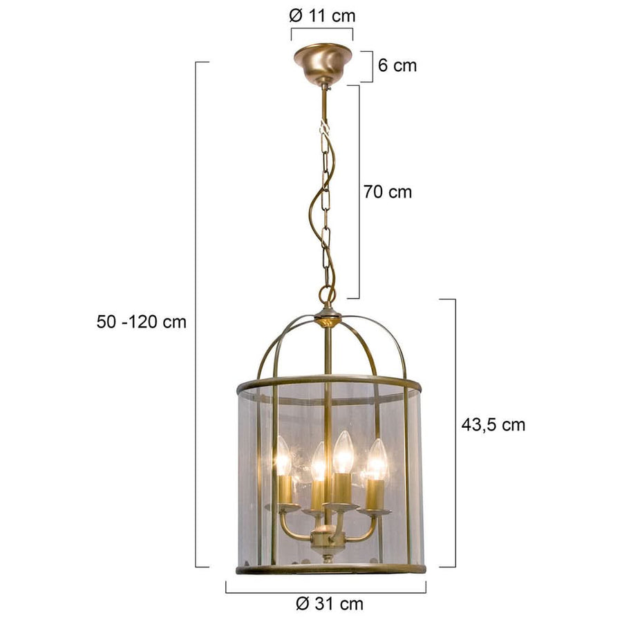 Dimensions suspension lanterne Pimpernel : verre Ø 31 cm, corps 43,5 cm, hauteur réglable 50-120 cm, rosace Ø 11 cm