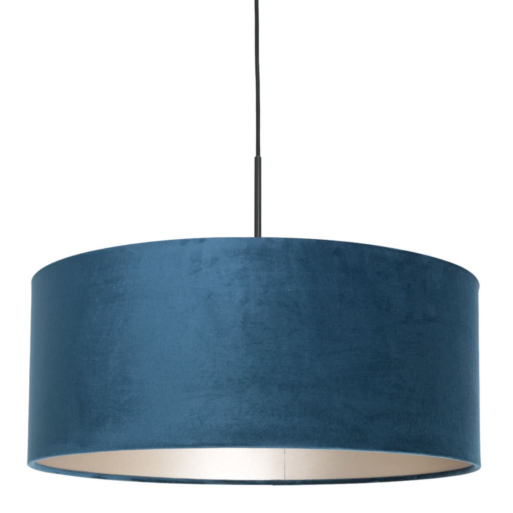 Suspension velours bleu allumée, abat-jour tambour intérieur argent | Designix
