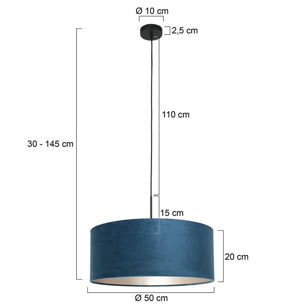 Schéma des cotes : abat-jour Ø 50 cm, hauteur 20 cm, descente 30-145 cm | Designix