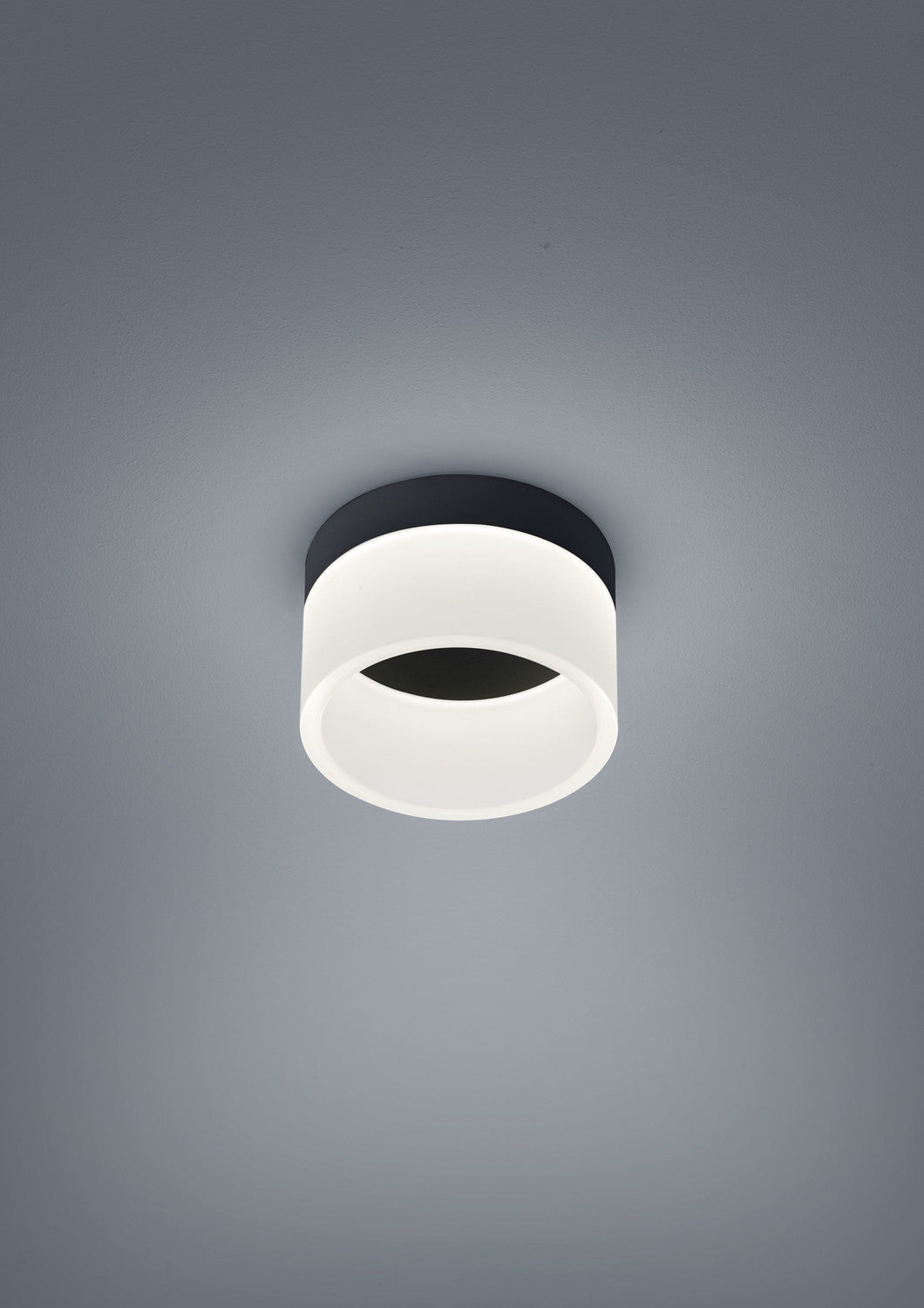 Vue rapprochée du plafonnier détaillant le diffuseur blanc et la base noire