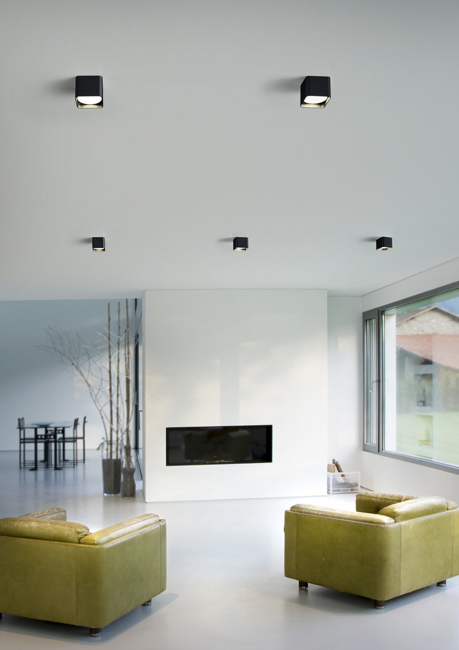 Vue large du salon blanc avec plafonniers noirs, cheminée et fauteuils verts