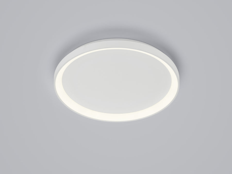 Vue de face du plafonnier blanc et de son anneau lumineux périphérique