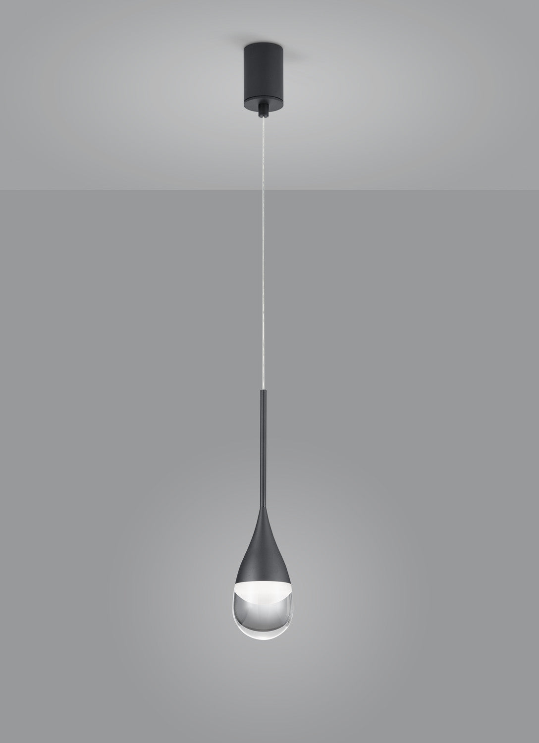 Vue d'ensemble du luminaire, câble fin, corps en goutte noire et globe de verre.