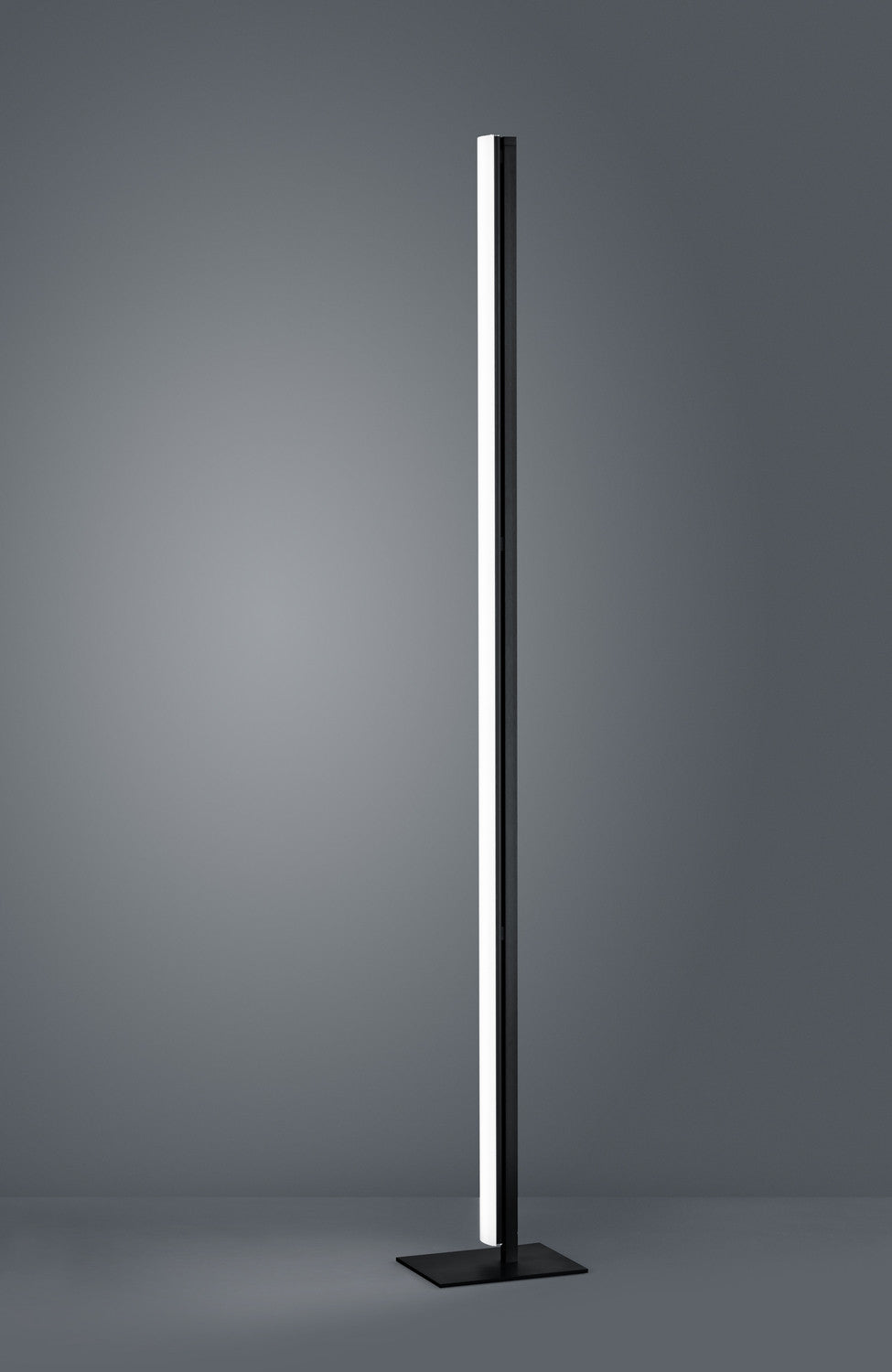Vue de trois quarts du lampadaire noir allumé, longue face lumineuse blanche verticale et base fine.