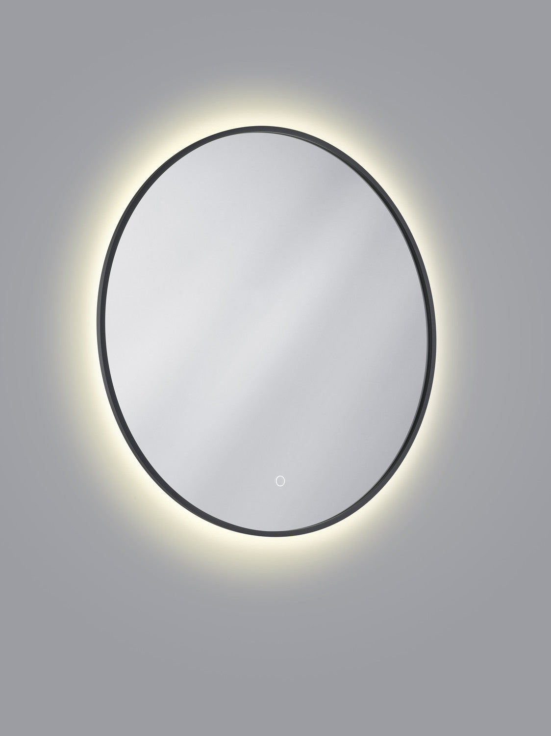 Face avant du miroir ovale, cadre noir fin et éclairage diffus tout autour