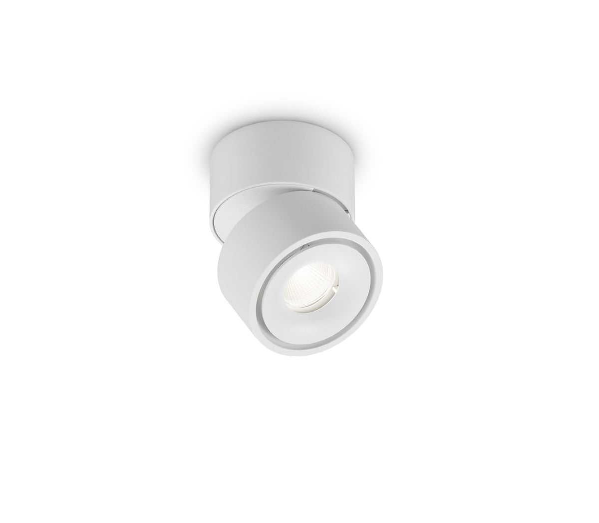 Spot plafonnier blanc orientable, vue de face sur fond neutre