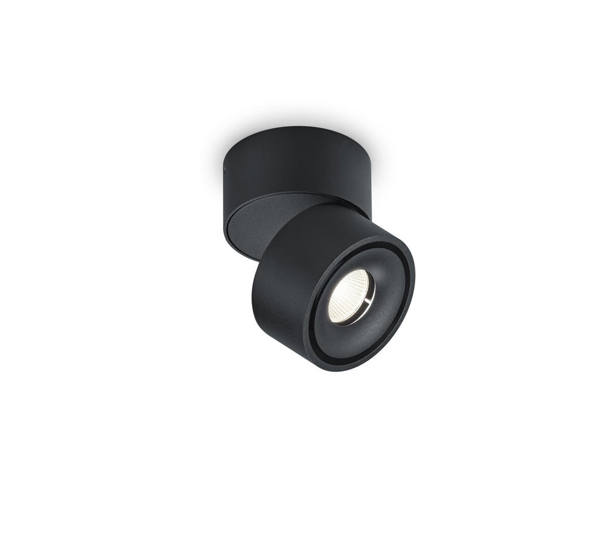 Plafonnier spot noir de face, cylindre orientable avec source LED apparente