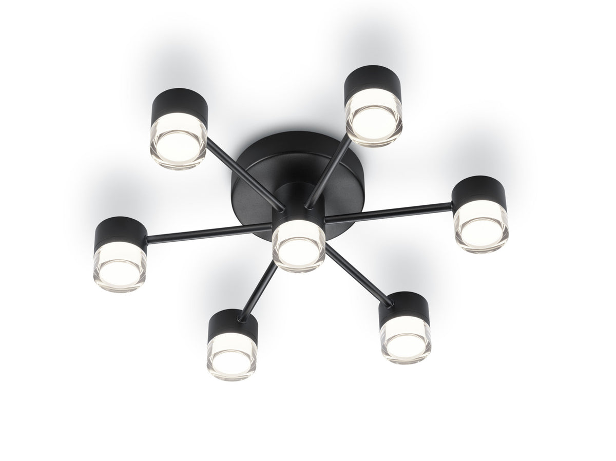Plafonnier noir six bras vue de face, diffuseurs cylindriques allumés sur fond blanc