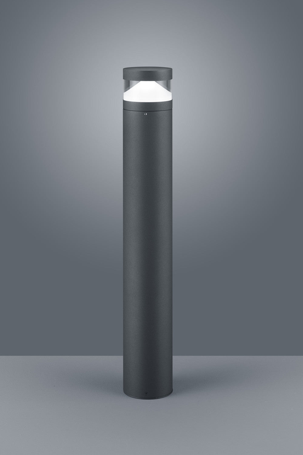 Vue rapprochée de la tête de borne anthracite avec diffuseur blanc et capot.