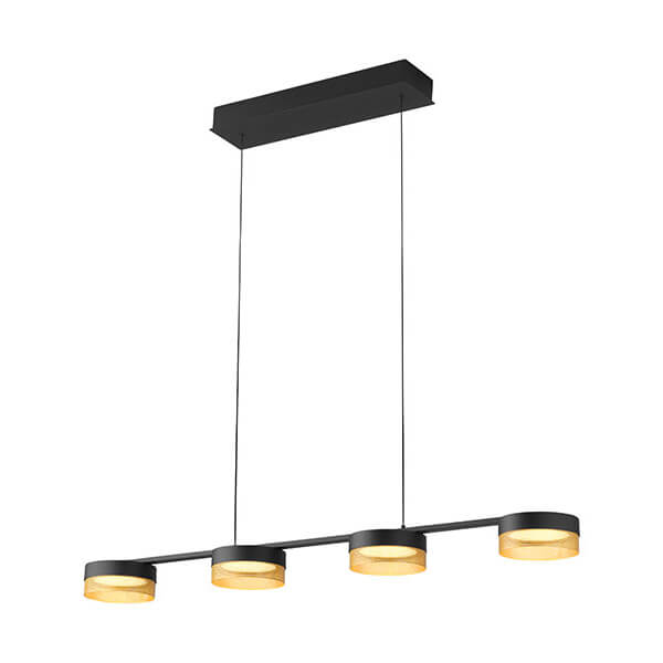 Vue en perspective du luminaire avec quatre abat-jours noirs et dorés alignés.