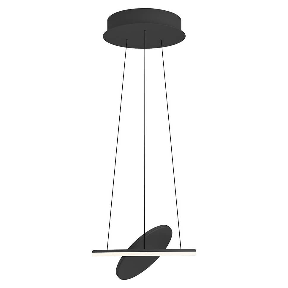Suspension noire vue de face, anneau plat et disque incliné sous les câbles