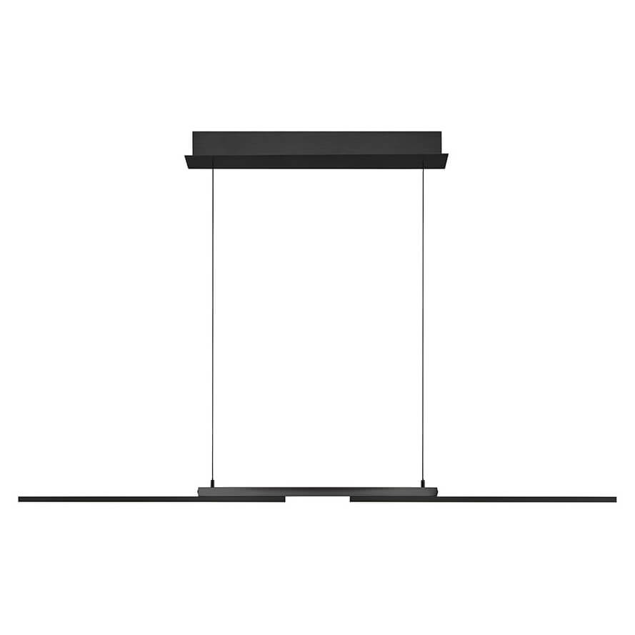 Vue de face du long bandeau noir suspendu par deux fins câbles, fond blanc.