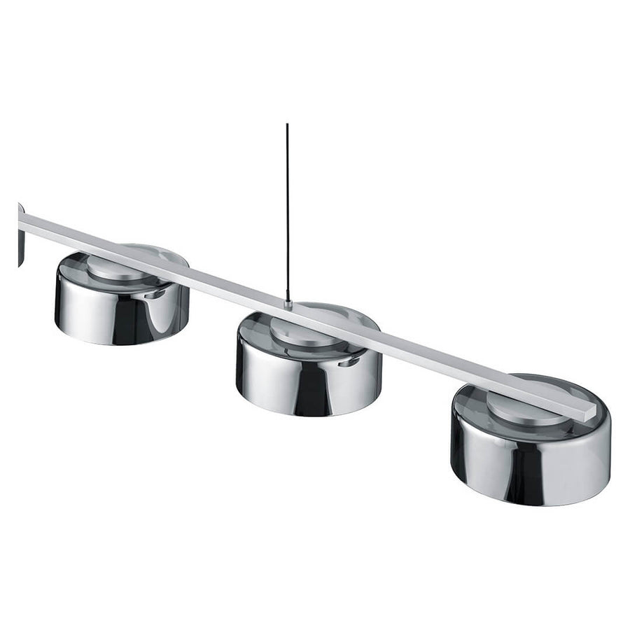 Détail des abat-jours cylindriques éteints, verre fumé gris et reflets chromés