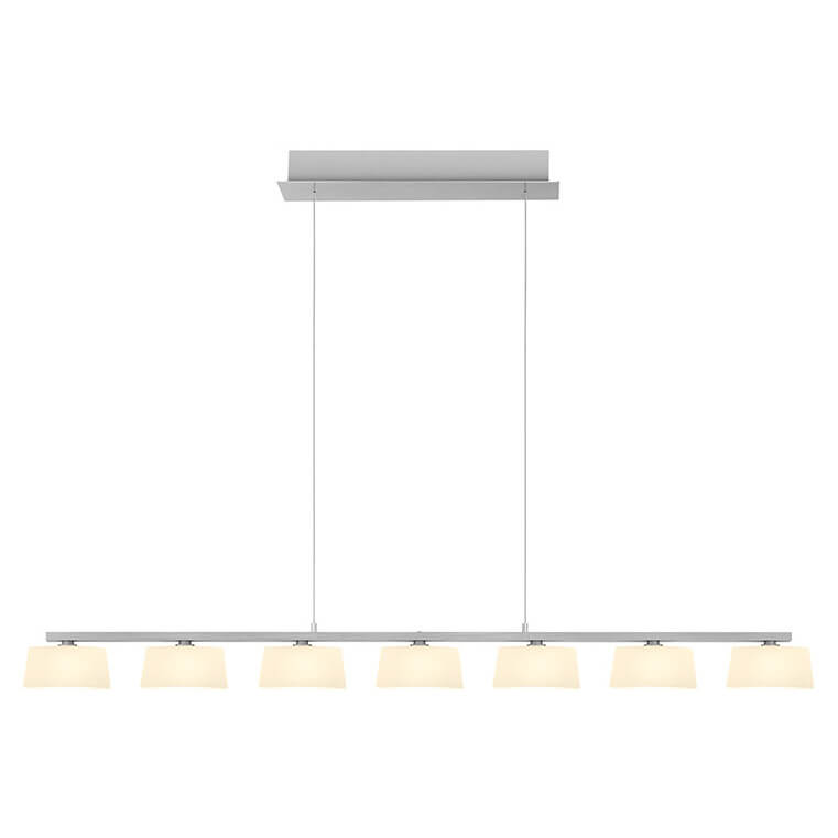 Suspension linéaire en aluminium avec sept diffuseurs en verre opale, vue de face sur fond blanc
